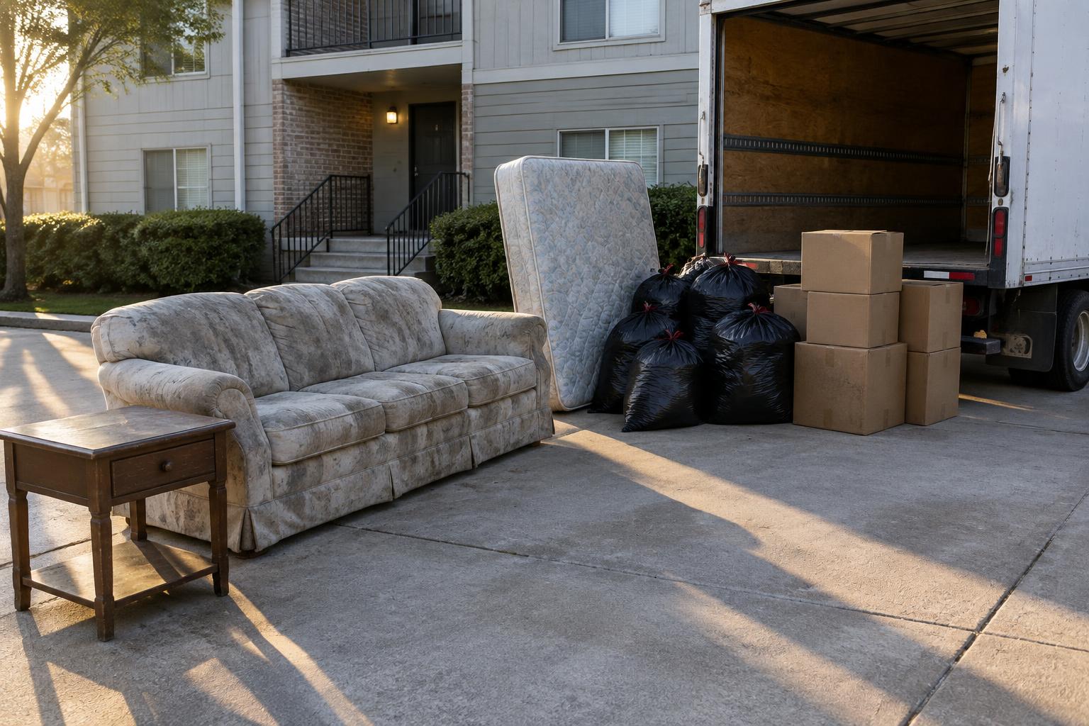 Old furniture, bagged items and boxes stacked on a driveway beside a moving truck