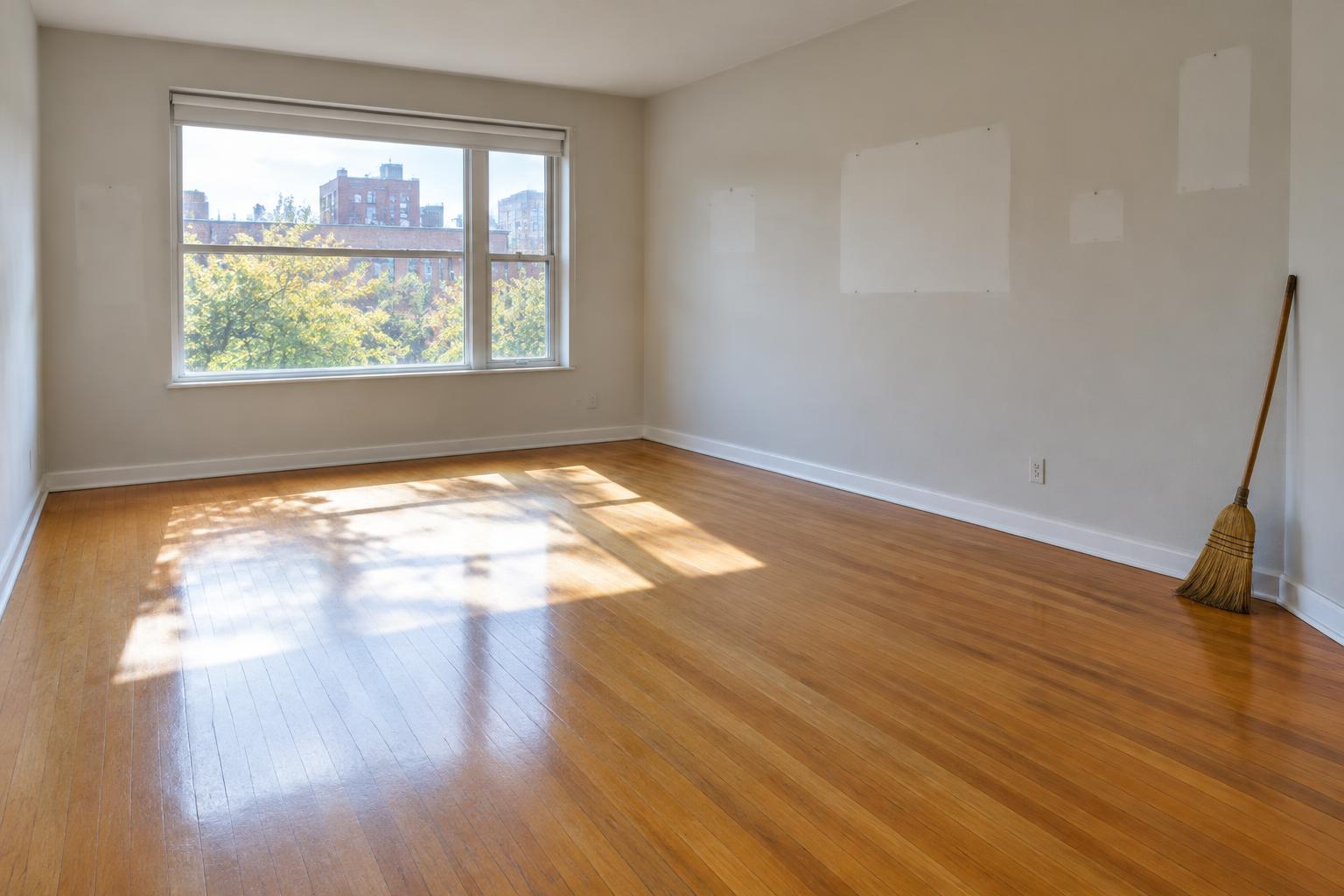 An empty, sunlit apartment living room with bare hardwood floors after a cleanout