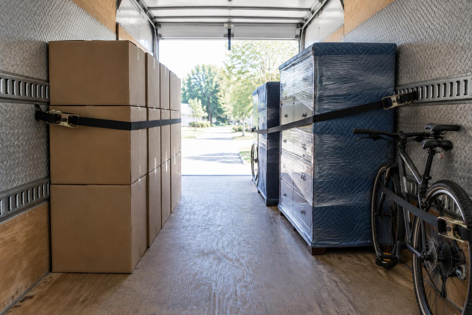 A loaded moving truck with strapped boxes and furniture