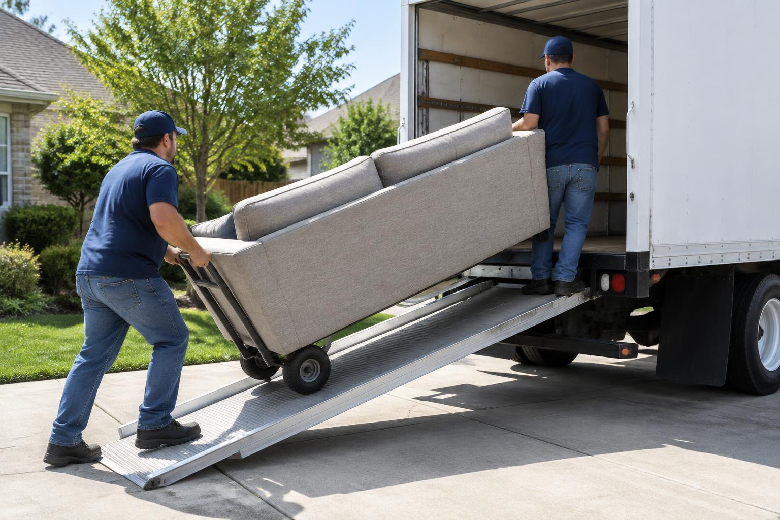Two movers loading a sofa up a ramp into the back of a moving truck