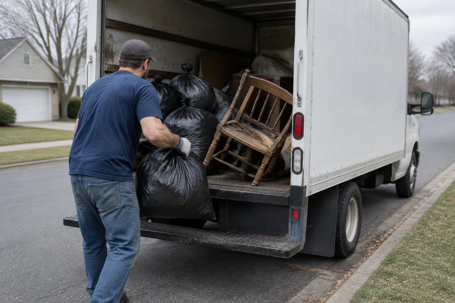 A worker loading bagged trash and an old chair into the back of a moving truck at a curb