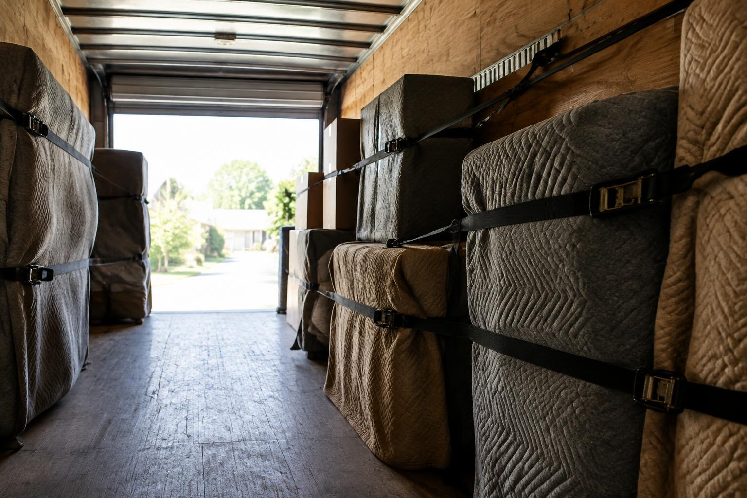 Furniture wrapped in moving blankets inside the truck